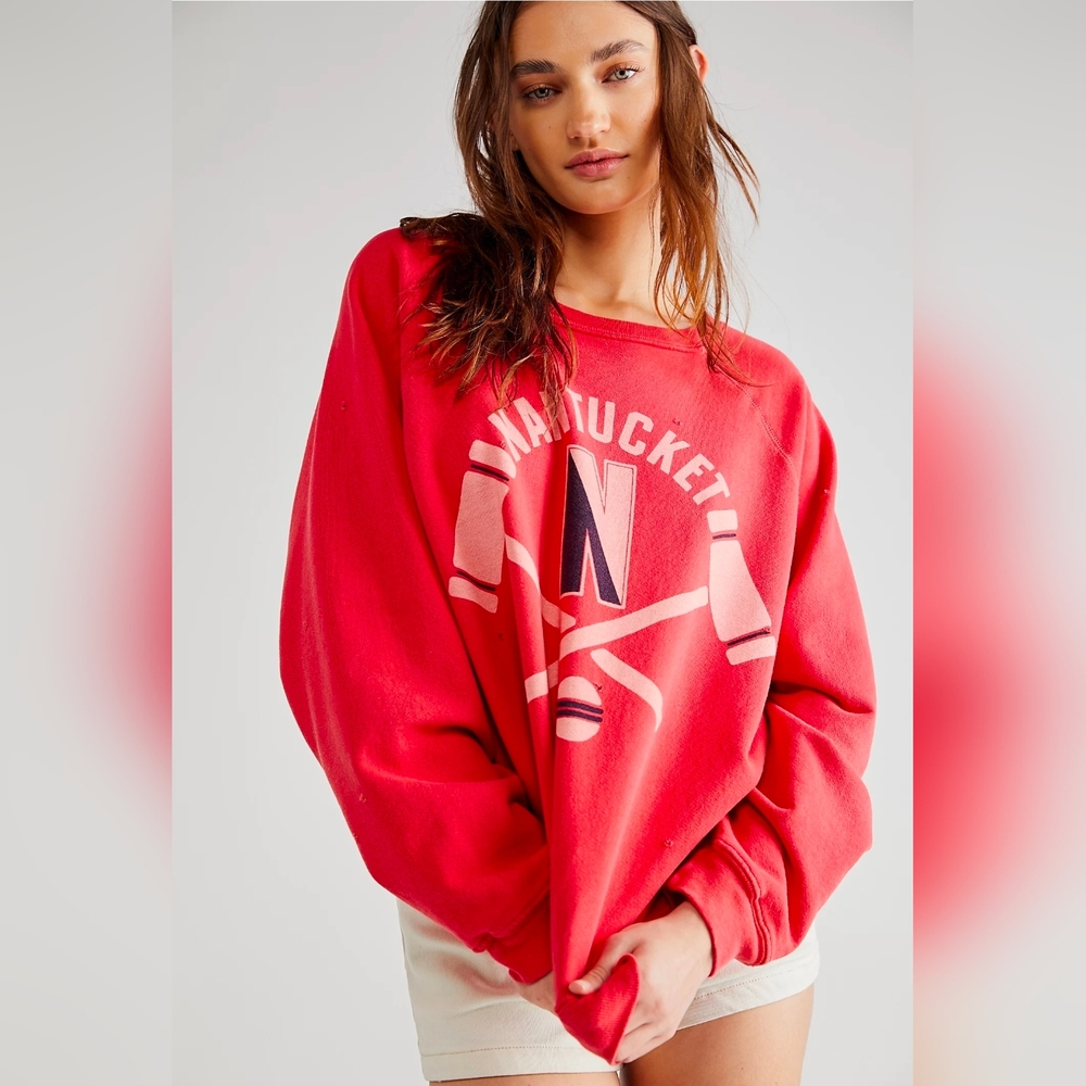 Free People Retro Brand Nantucket Crew Neck Distressed Sweatshirt Size XS